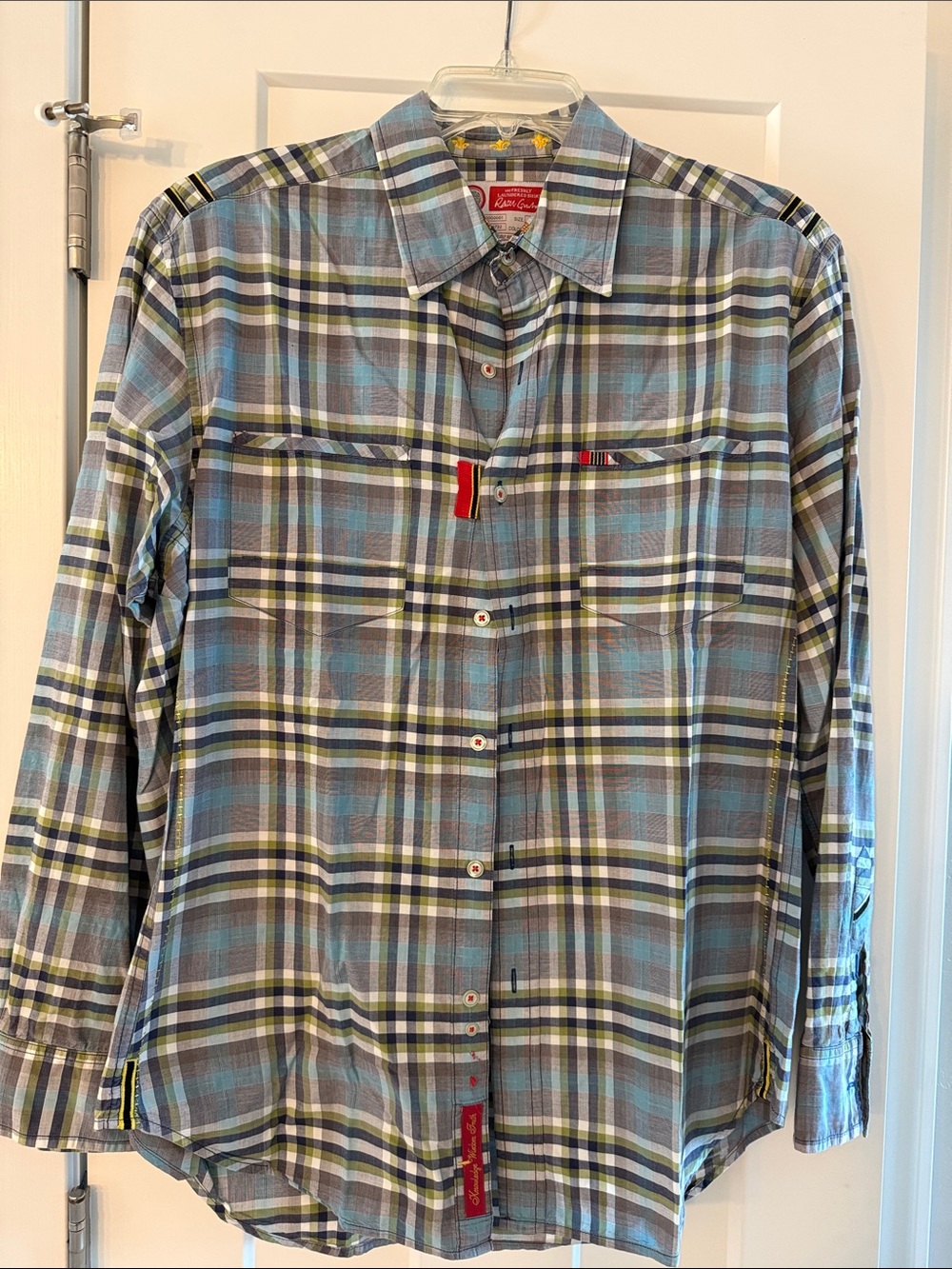 Robert Graham Blue, Gray and Green Plaid Button-Down Shirt